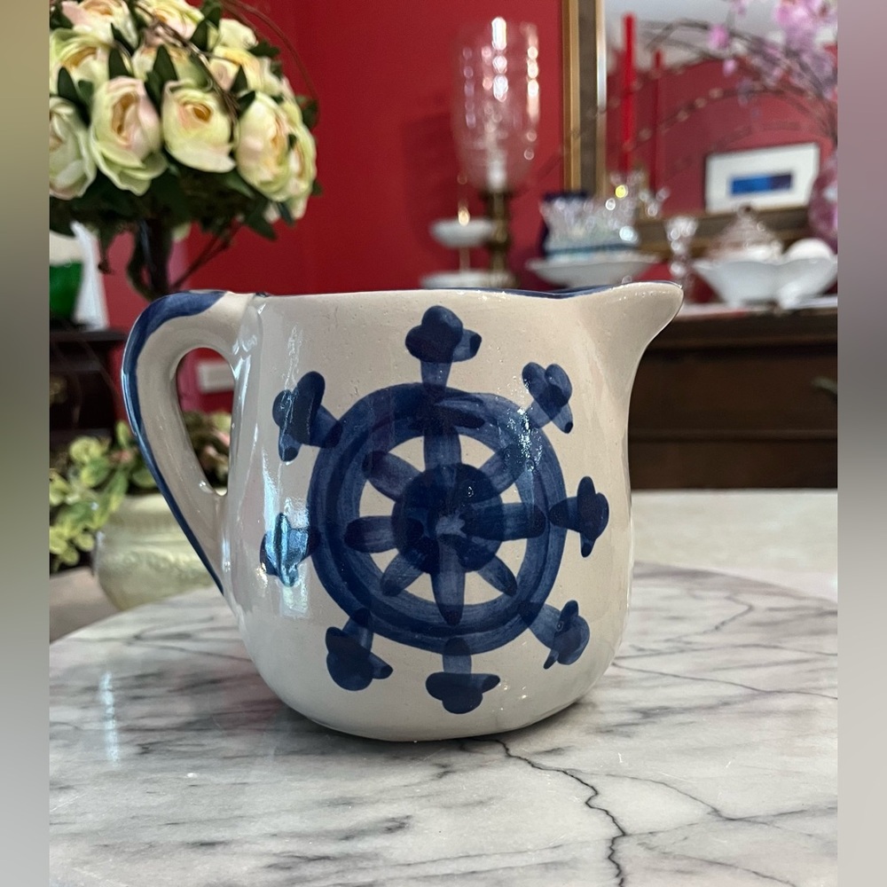 Louisville Stoneware Pottery Pitcher Blue At the Helm Steering Wheel Nautical - Picture 4 of 12